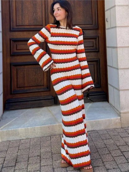 Elegant Wave Striped Cotton Knitted Maxi Dress Women Fashion O-neck Flared Sleeves Backless Dresses Female Beach Vacation Robe