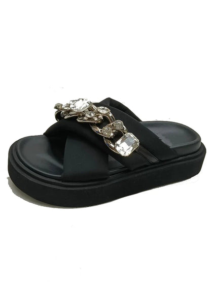 Women Crystal Slippers Chain Platform Sandals New Summer Ladies Flats Casual Home Slides Women Beach Shoes Flip Flops Mujer