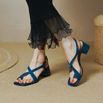 Sandals Women Summer Shoes Woman Flip Flops Chunky Blue Heels Medium Heel Dress Slides Roman Elegant Sexy Fashion Footwear