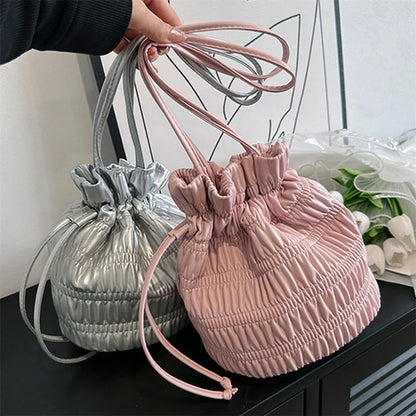 binfenxie Silver Black White Khkai Pink Pleated Women's Bucket Shaped Underarm Bag PU Leather Drawstring Handbags Sewing Y2K Soft Crossbod