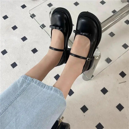 Ladies Summer Footwear Cute Japanese Style Lolita Shoes for Women with Bow Round Toe Kawaii Gothic Black Low Heel Elegant E