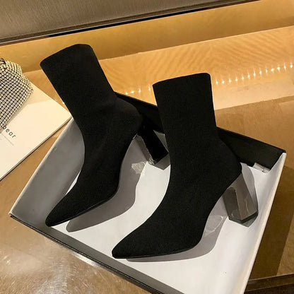 Footwear Black Pointed Toe Short Shoes for Woman Elastic Booties Sock Women's Ankle Boots Pu Trend High Quality Hot Y2k 39