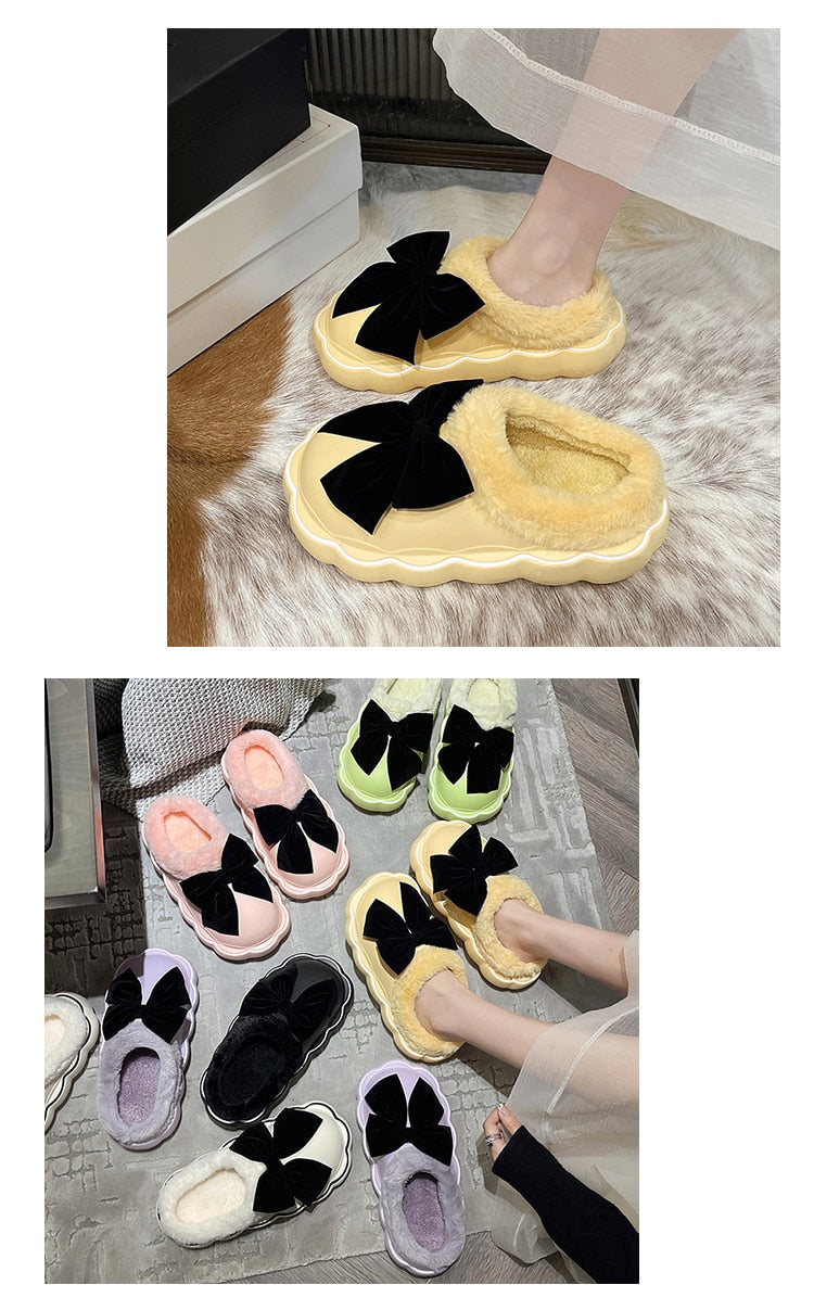 Med Fur Shoes Slippers Casual Slides Cover Toe Platform Slipers Women Butterfly-Knot Plush Luxury Flat 2022 Rome PU Fabric Fashi