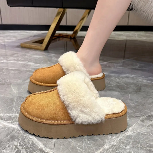 Shoes Woman Plush Slippers For Adults Low Pantofle Platform Fur Flat New Hoof Heels Cotton Fabric Rubber Rome Basic Slides