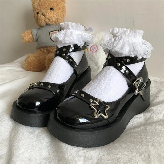 Lolita Shoes for Women Kawaii Cosplay Mary Janes Gothic Shoes Platform Emo Shoes on Heels Women Loli Thick Heel Cross Bandage