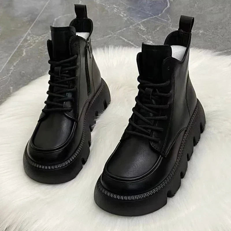 Short Shoes for Women with Laces Footwear Punk Style Booties Black Combat Lace-up Female Ankle Boots Pu Hot Free Shipping Offer