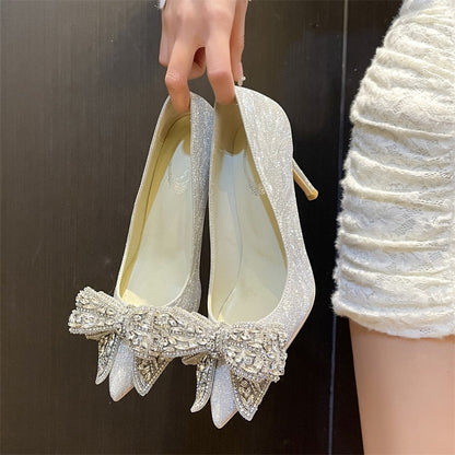 Spring and summer stiletto sexy pointed sequins rhinestone bow bride wedding shoes banquet dress large size custom womens sandal