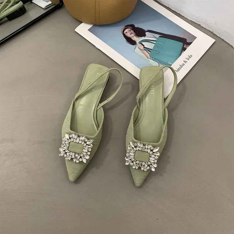 2023 New Summer Rhinestones Women Sandal Fashion Pointed Toe Shallow Slip On Ladies Elegant Slingback Shoes Casual Flats Heel