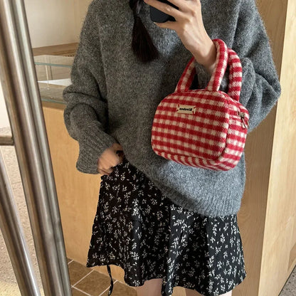 binfenxie Vintage Cute Handbag for Women Red Plaid Letter Soft Kawaii Crossbody Bag Autumn Winter New Luxury Designers Shoulder Bag