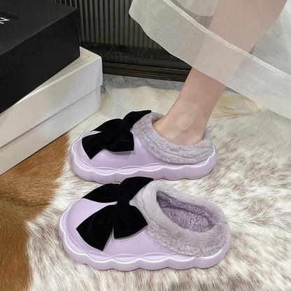 Med Fur Shoes Slippers Casual Slides Cover Toe Platform Slipers Women Butterfly-Knot Plush Luxury Flat 2022 Rome PU Fabric Fashi