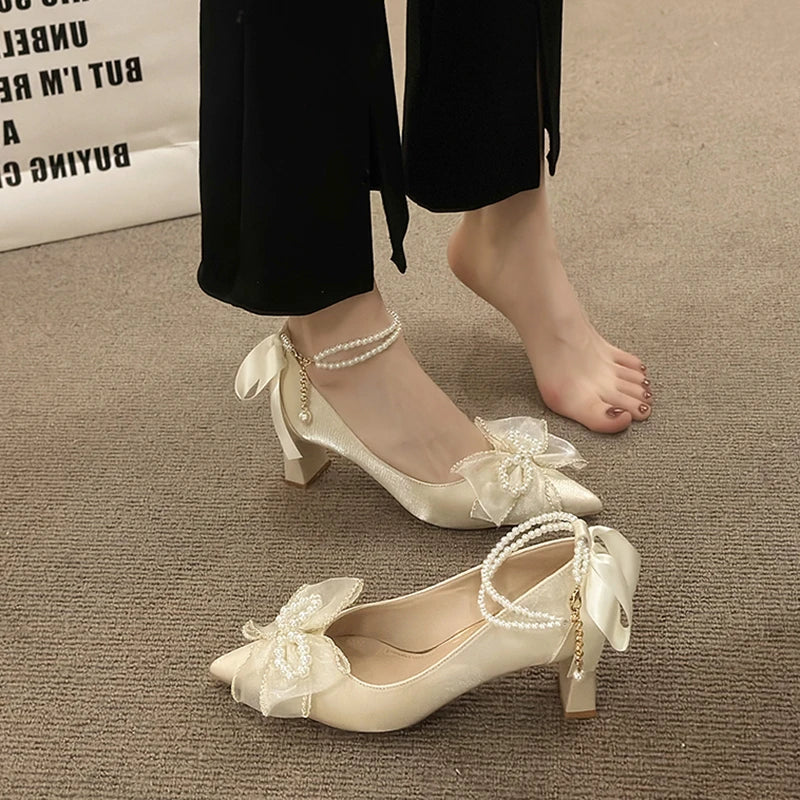 Beige High Heels Retro Women Shoes Sandals Ladies Pointed Pumps 12cm Latest Casual African Toe Bridal Spring Sexy Satin