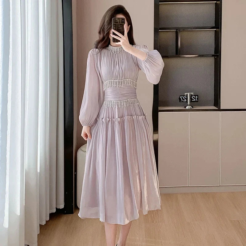 binfenxie French Designer Fashion Women Organza Stand Collar Party Dress Luxury Spring Diamonds Tassel Ruffles Puff Sleeve Slim Midi Dress