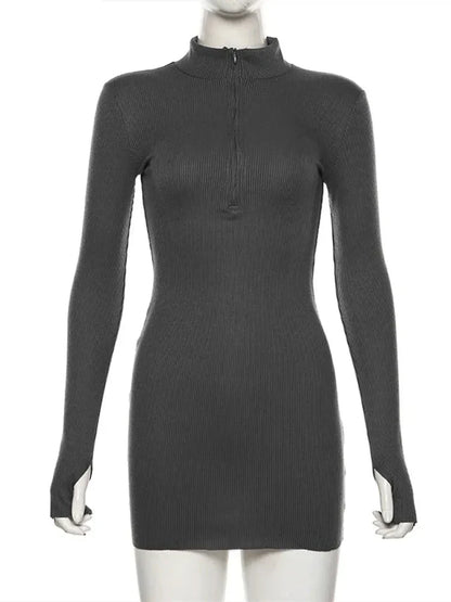 binfenxie Elegant Autumn Winter Black Bodycon Dress Women Turtleneck Slim Ribbed Knitted Long Sleeve Mini Dress Vestido