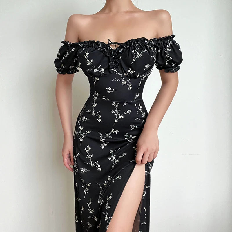 Off Shoulder Flower Print Sexy Dress For Women High Split Elegant Long Dresses Backless Bodycon Summer Dress Vestidos QY21251KJ