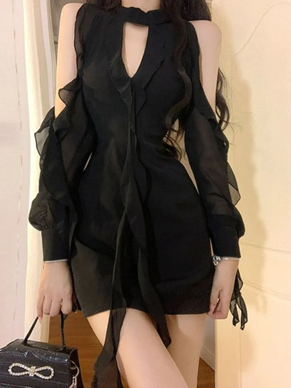 binfenxie Black Dresses Women Sexy Hollow Out Female Casual Temperament New Spring Off Shoulder Korean Style Solid Hotsweet Empire Fashion