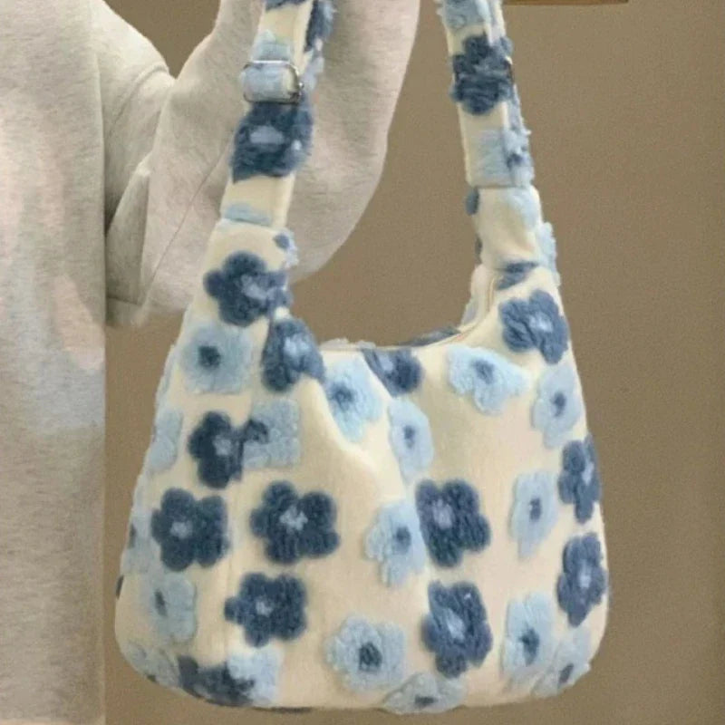 binfenxie Kawaii Large Capacity Plush Crossbody Bag Blue Flowers Soft Fashion Shoulder Bag Casual Youthful Cute Fall Winter Handbag