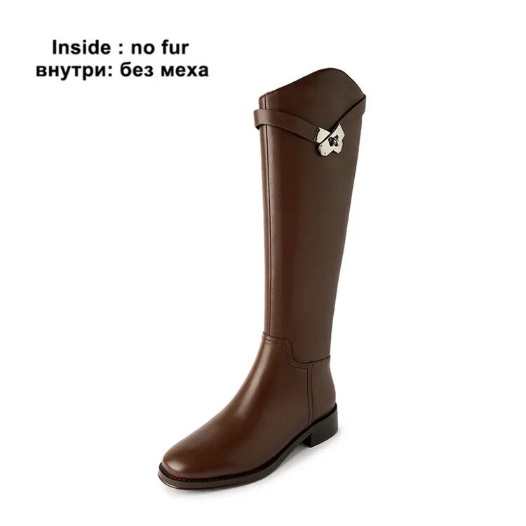 Luxury Brand Women Genuine Leather Riding Boot Kneehigh Equestrian Designer Shark Lock Boot Winter Shoe 33-42