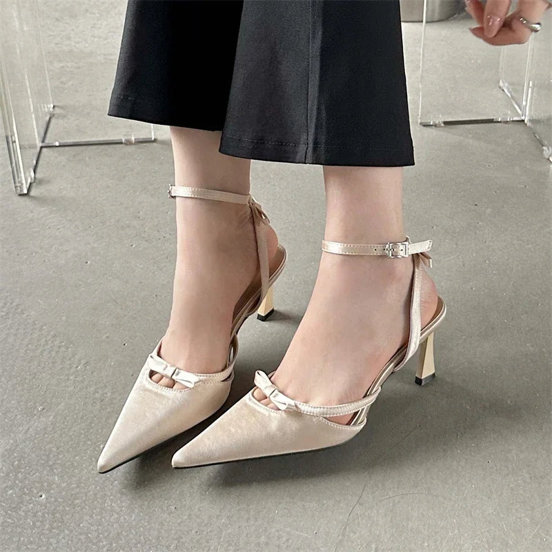 Futurecen 2024 New Design Ankle Buckle Strap Women Pumps Sandals Thin Heels Pointed Toe Shallow Slingback Mules Tacones Mujer