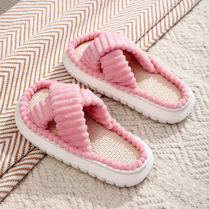 New Women Home Slippers Autumn Winter Open-Toe Cross Band Linen Soled Indoor Slides Linen Soled Non-Slip Bathroom Slippers