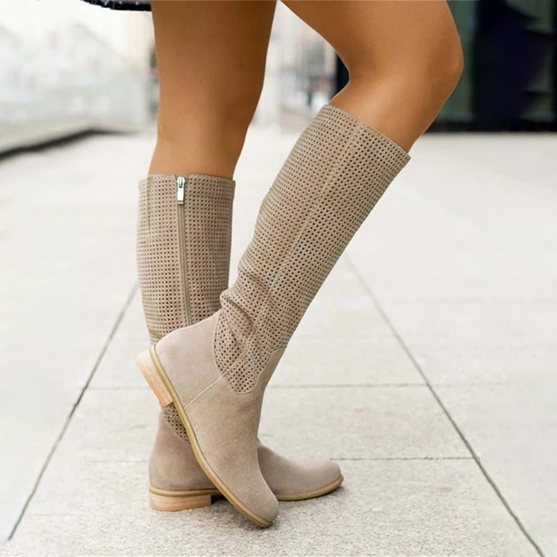 Women Knee High Boots Sexy Suede Winter Designer Luxury Casual Zipper Low Heel Female Shoes Comfortable Elegant Lady Boots