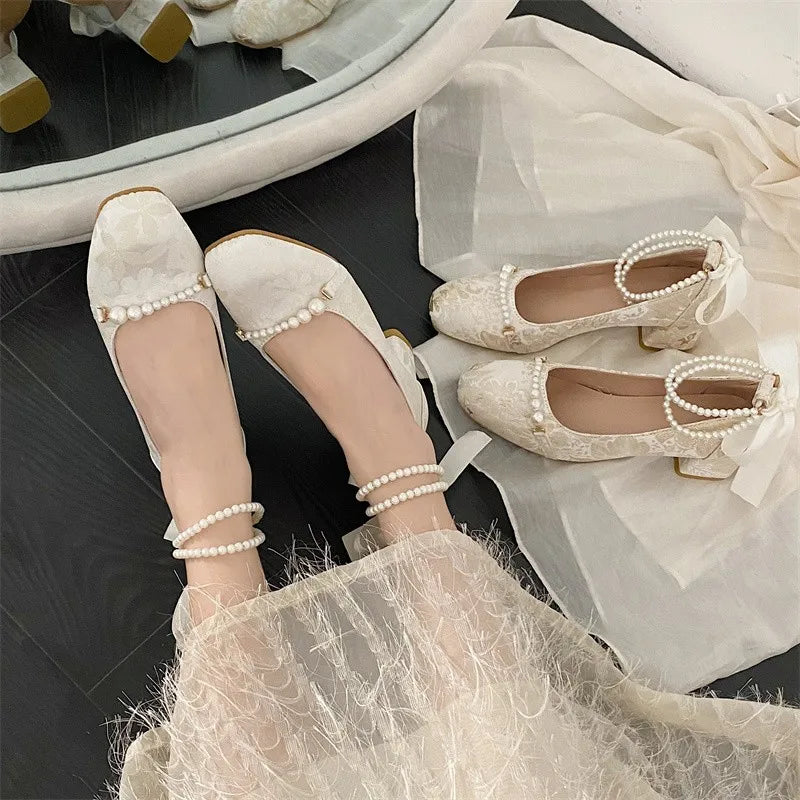 Floral Shoes Women Pumps Pearls Spring Autumn All-match Casual Chinese Style New One Word Buckle Chain String Bead Elegant