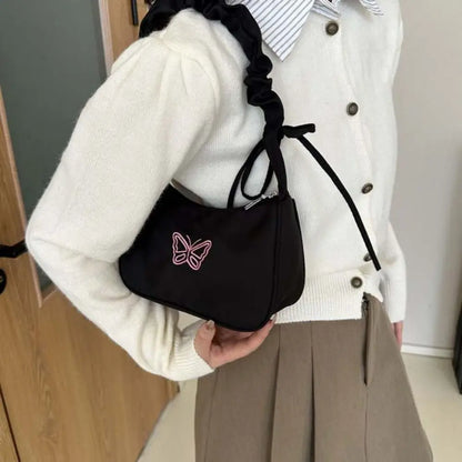 binfenxie Embroidery Bowknot Butterfly Shoulder Bag Y2k Style Ruffle Handle Nylon Bow Tote Bag Makeup Lipstick Bag Handbag