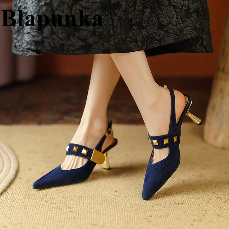 Futurecen Woman Navy Blue Suede Pumps Thin High-Heeled Buckle Slingbacks Shoes Women's Punk Studs Pumps Brown 33-40 Spring Summer