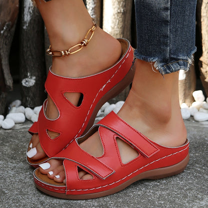 Retro Hollow Out Wedge Sandals Women Summer Non Slip Platform Outdoor Slippers Woman PU Leather Beach Flip Flops Plus Size