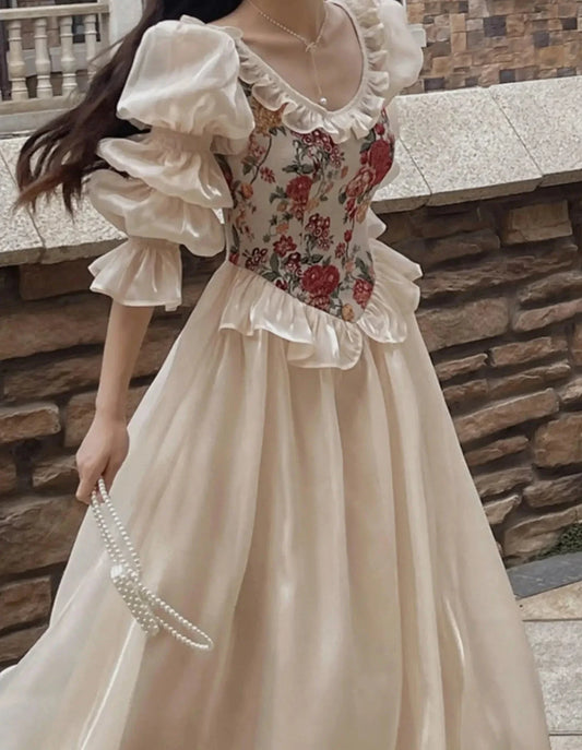 France Vintage Embroidery Evening Party Dress Autumn Lantern Sleeved Princess Fairy Vestidos Women Korea Ruffles Clothes