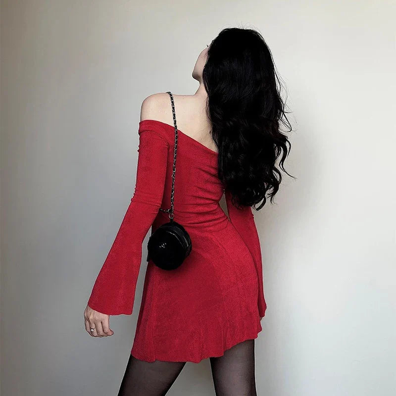 binfenxie Women's Sexy Style Flower One Shoulder Long Sleeve Dress Red Knitted Skirt Christmas Clothing Spring New Style