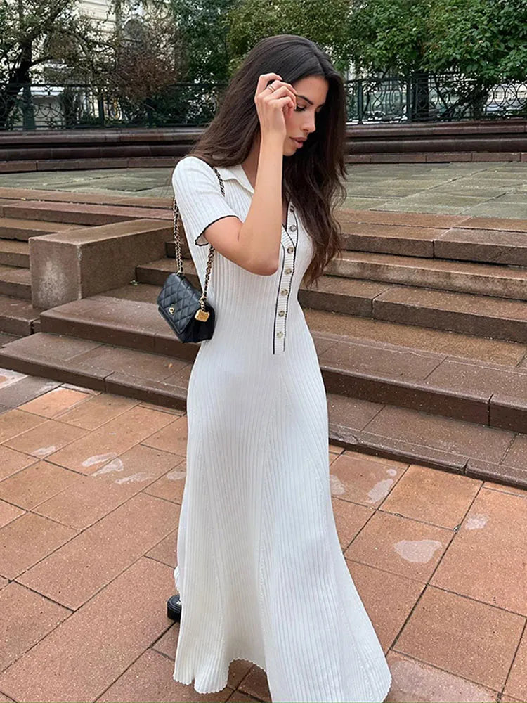 Elegant Solid Buttons Knitted Maxi Dress Women Slim Lapel Short Sleeve Ribbed Dresses Summer Female Chic Streetwear Robe