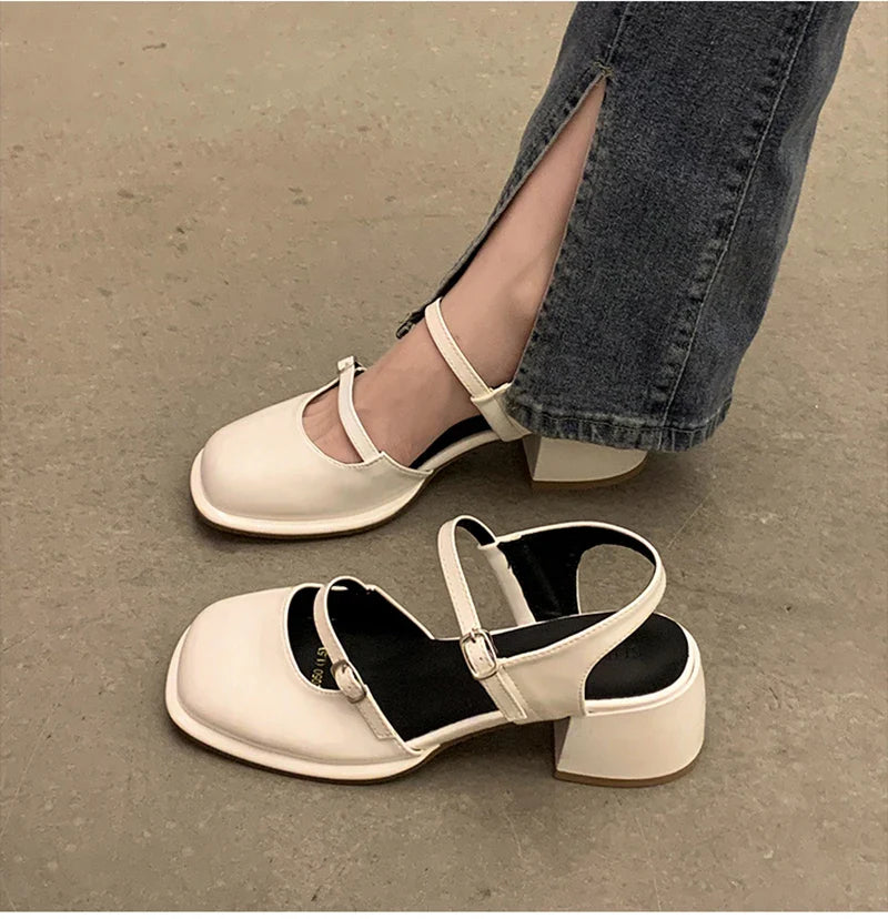 New Mary Jane Shoes Buckle Pumps Women Thick Heels Elegant Shallow Square Toe Footwear Fashion Outdoor Lady Shoes