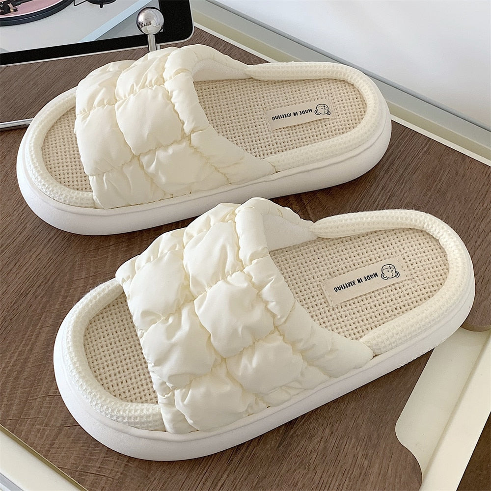 Women Slippers Summer Four Seasons Checked 4cm Thick Soft Sole Linen Slippers Indoor Home Bedroom Couple Floor Slippers