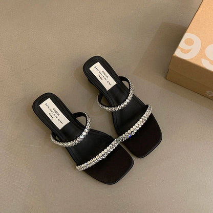 binfenxie Designer Open Toe Women Slippers Fashion Crystal Narrow Band Slides Ladies Elegant Dress Low Heel Sandalias Summer Shoes