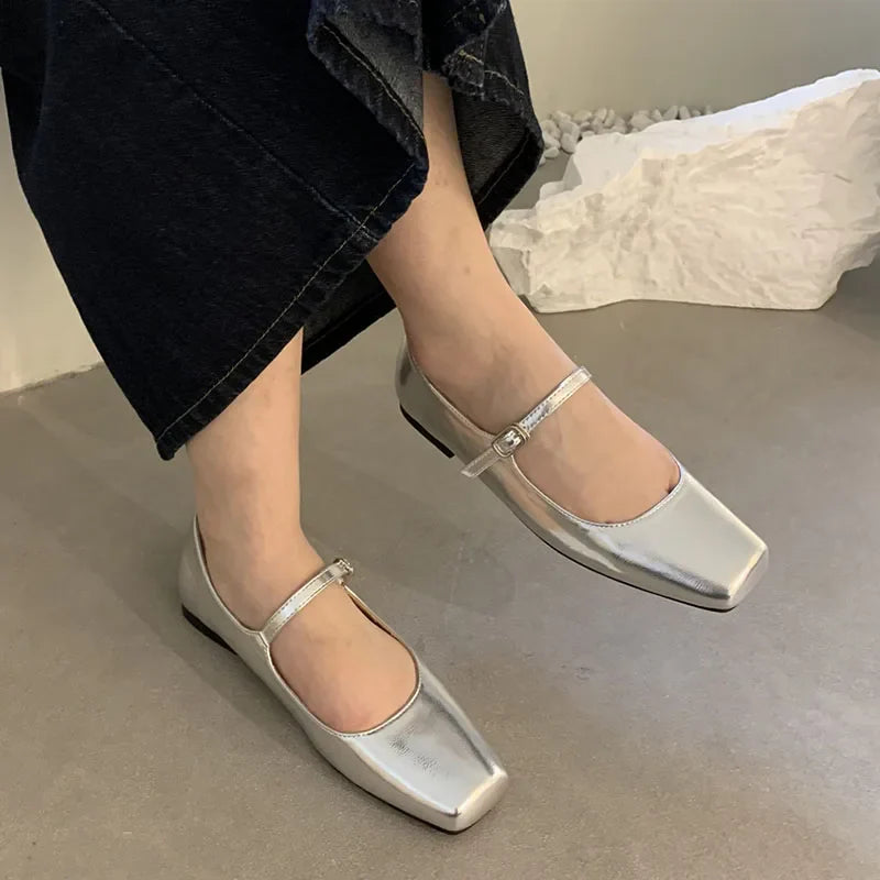 binfenxie  -   Summer New Brand Women Sliver Flats Fashion Square Toe Shallow Mary Jane Shoes Soft Casual Ballet Shoes Slingback Shoes