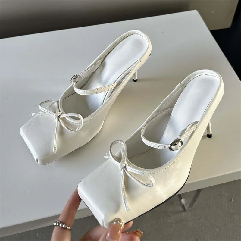 Futurecen  New Design Bowknot Square Toe Women Pumps Sexy Buckle Strap Thin High Heels Banquet Prom Mule Slippers Shoes