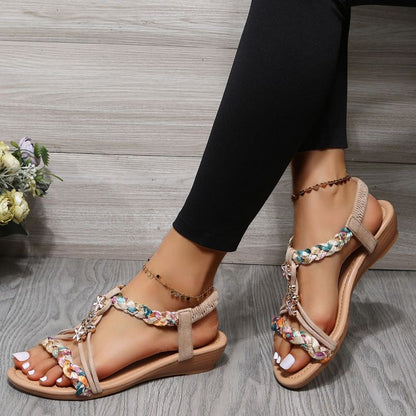 Women Wedges Bohemian Sandals Summer Flower Non Slip Beach Sandalias Mujer Elastic Band Low Heels Roman Shoes Woman