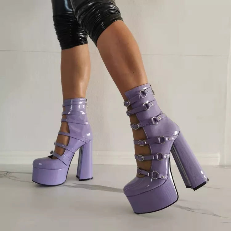 New purple Lolita sweet 15cm high heels thick bottom bow women's shoes round head hollow out buckle single shoes size 36-47