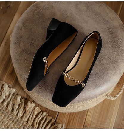 Futurecen Spring/Autumn Women Pumps Sheep Suede Leather Shoes for Women Square Toe Chunky Heel Women Shoes Chain Office Ladies High Heels