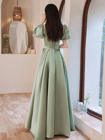 binfenxie Fairy Green Satin Prom Dress Puff Short Sleeve Lace-Up Floor Length Elegant  Evening Gown Plus Size Banquet Vestidos