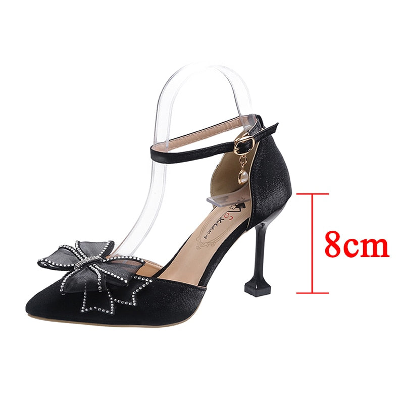 Sexy Thin Heels Ankle Strap Pumps Women Lace Bowknot Wedding Party Shoes Woman Elegant Pointed Toe Silk High Heels Shoes