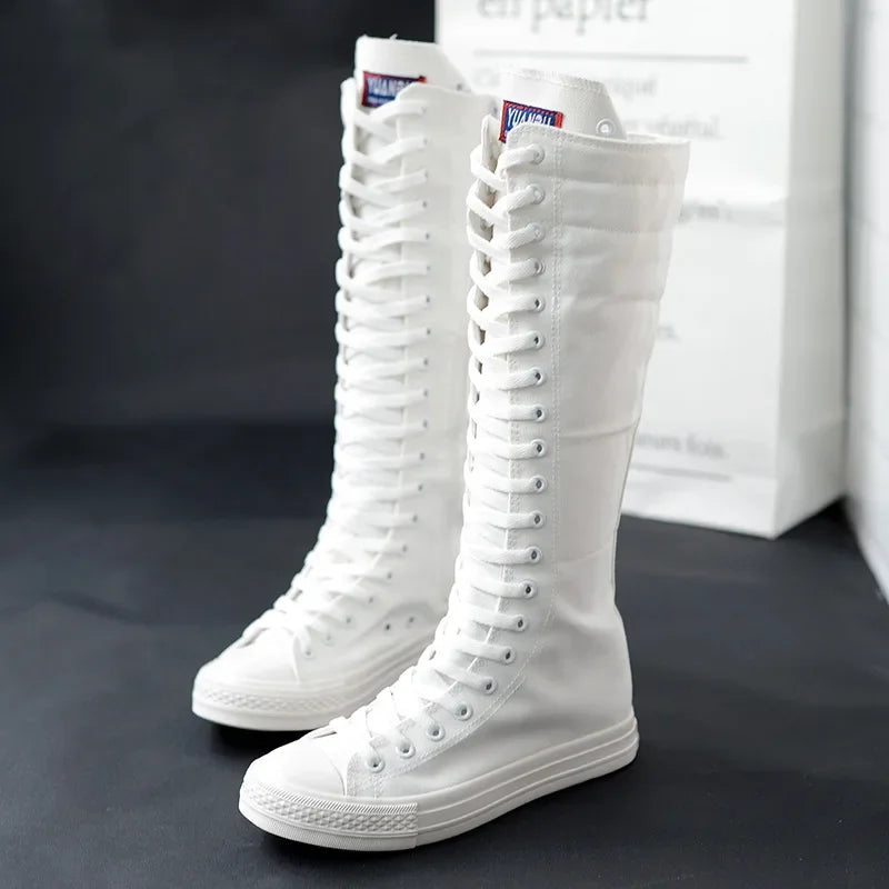 New Spring Autumn Women Shoe Canvas Casual High Top Shoes Long Boot Lace-Up Zipper Comfortable Flat Boot Sneakers Tenis Feminino