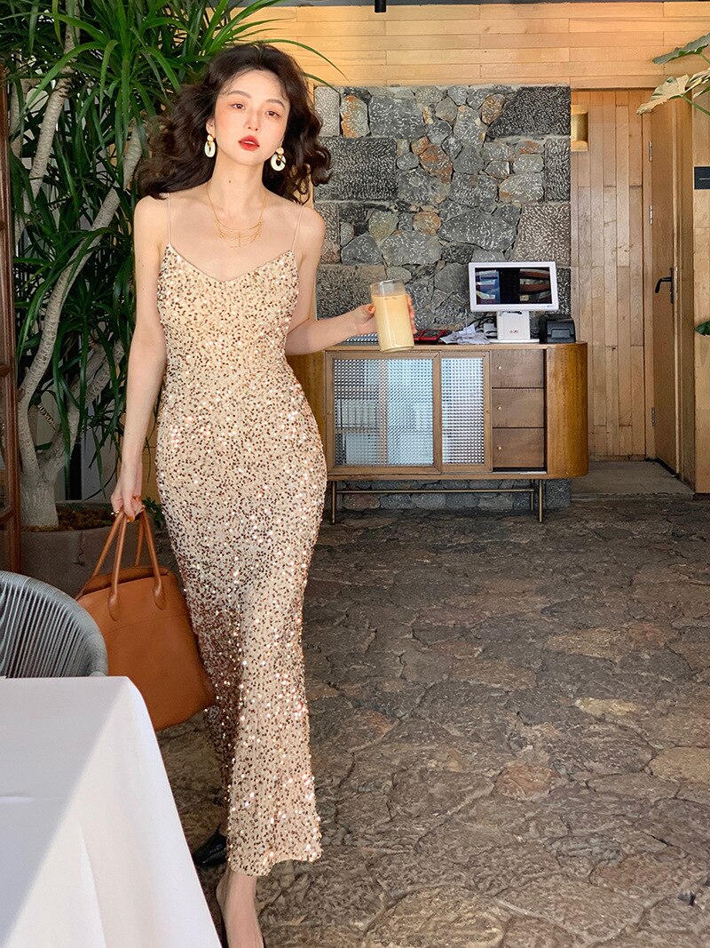 binfenxie Long Sequin Dress Sexy Red Glitter Bodycon Wedding Guest Birthday Party Dresses Elegant Occasion Dress for Women