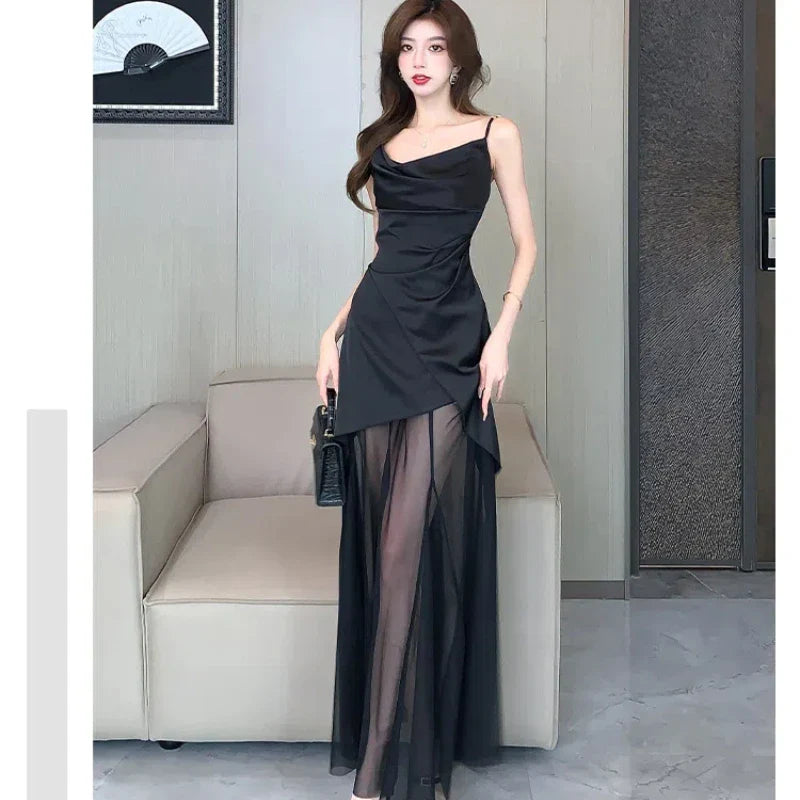 New Korean Black Spaghetti Strap Midi Dresses for Women Elegant Party Fashion Sleeveless Patchwork Sexy Slim Female Clothes