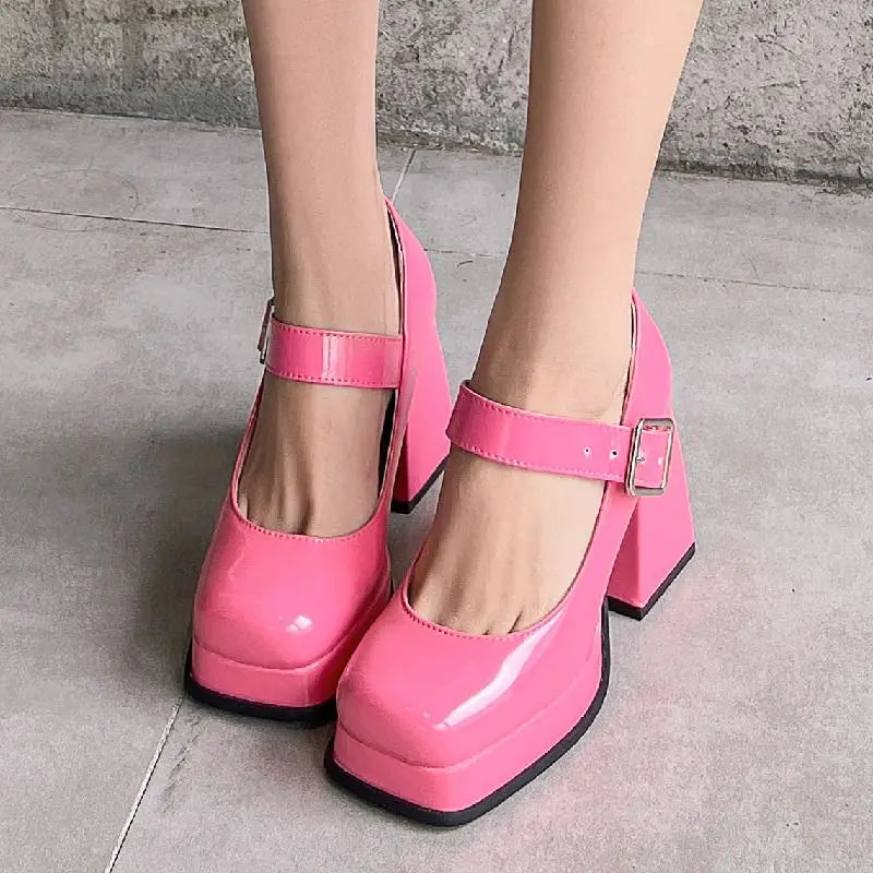 Pink Black Red Heeled Women Pumps Mary Janes Shoes Square Toe White High Heels Female Working Party Dance Shoes Spring