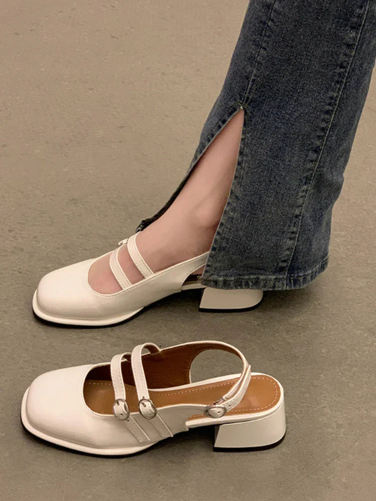 binfenxie  -   Summer Elegant Ladies Sandals Fashion Hollow Medium Heels Women Shallow Party Shoes Square Toe Casual Shoes Slim Design