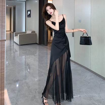 New Korean Black Spaghetti Strap Midi Dresses for Women Elegant Party Fashion Sleeveless Patchwork Sexy Slim Female Clothes