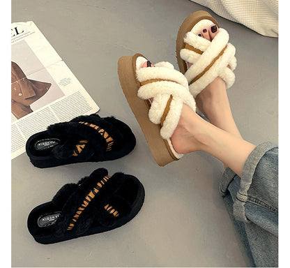 Slippers Casual Shoes Flock Platform Med Slipers Women Fur Flip Flops Slides Luxury Flat Plush PU Rubber Basic Fur Shoes Wo