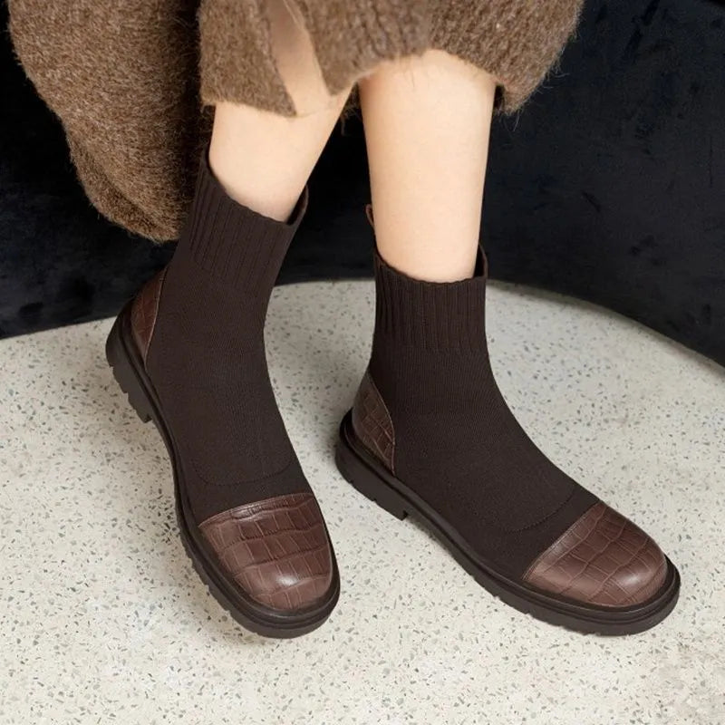 Booties Chunky Short Shoes for Women Brown Sock Footwear Platform Elastic Female Ankle Boots Trend 2023 Y2k New In Fashion Pu 39