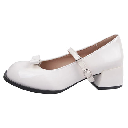 Cute Bowknot White Mary Jane Shoes Women New Thick Heels Nude Pumps Woman Japanese Ankle Buckle Lolita Shoes Mujer